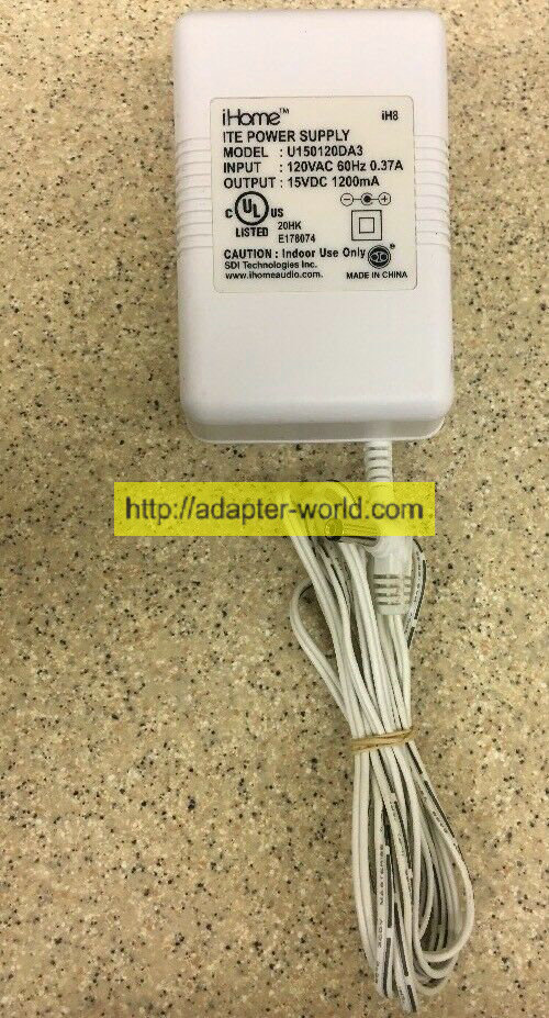 *100% Brand NEW* iHOME 15VDC - 1200mA 0.37A 60 HZ U150120DA3 (iH8) AC Power Adapter Free shipping!